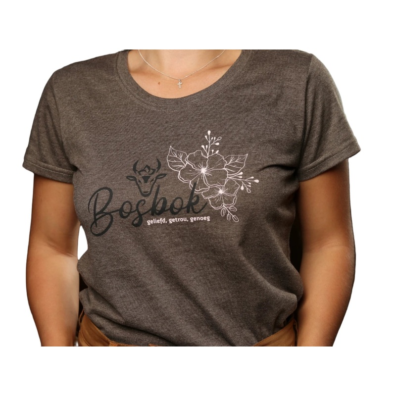 LADIES T-SHIRT BROWN WITH THIN FLOWER BOSBOK