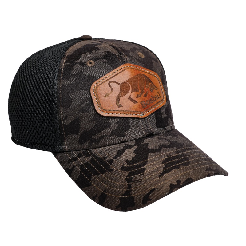 BROWN/GREY CAMO LEATHER PATCH CAP