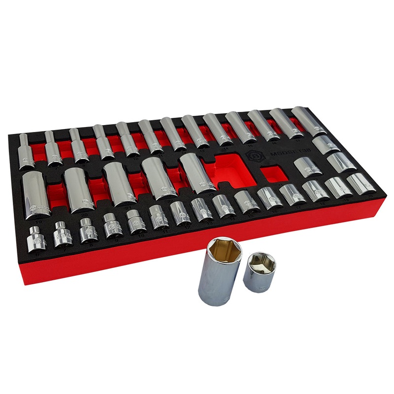 38pc 3/8 Chrome Socket Set Standard & Deep Hex Sockets 6-24mm Britool Hallmark