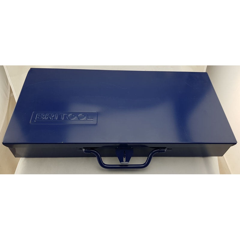 Dark Blue Metal Tool Case With Hinged Lid And Latch, Ideal For 1/2 Socketry