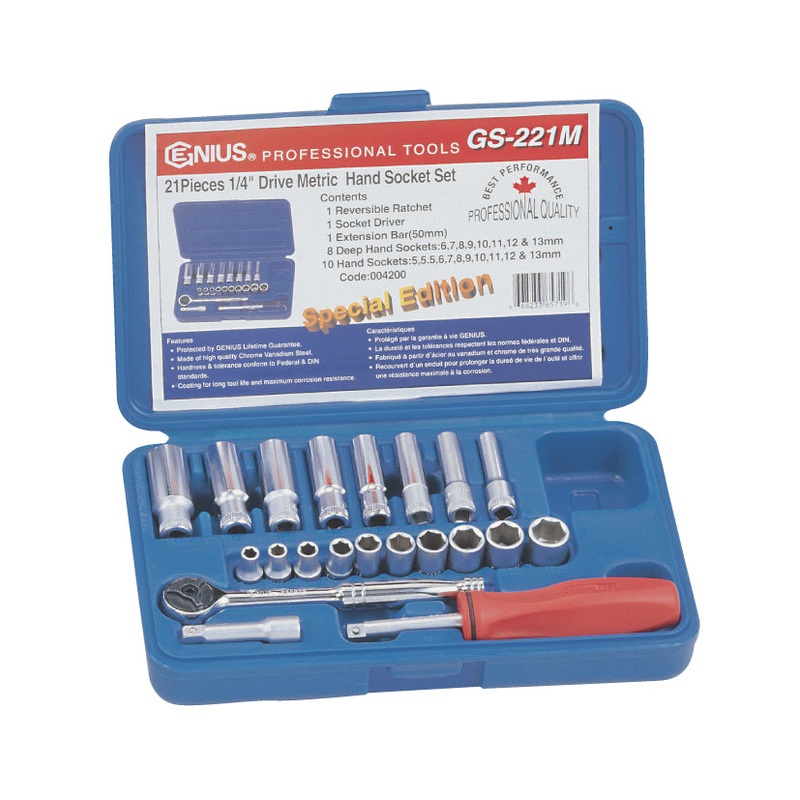 21 Piece 1/4 Socket, Ratchet & Extension Bar Set 3-14mm From Genius Tools