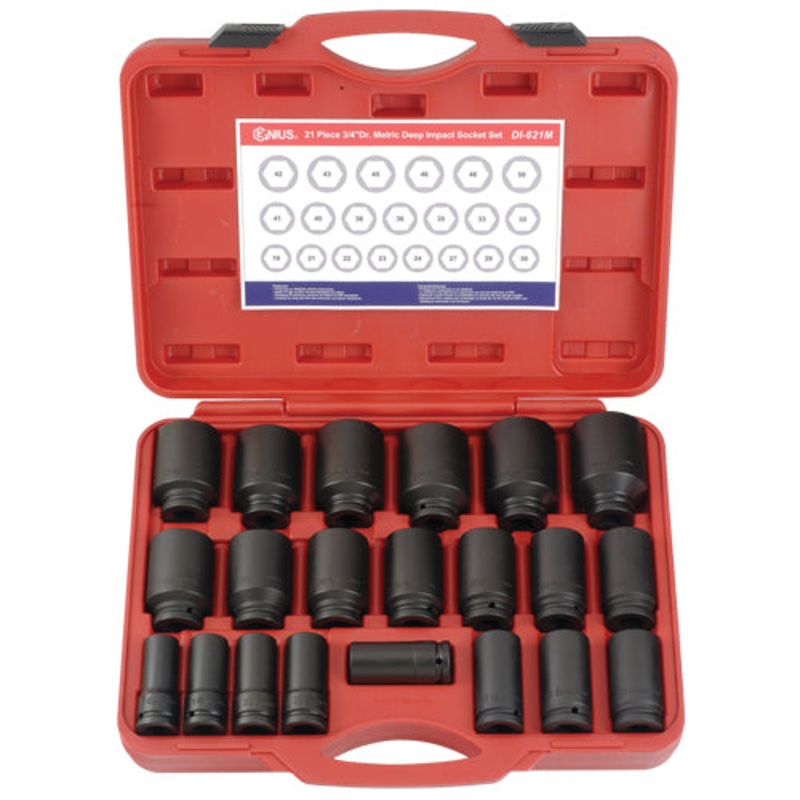 21 Piece 3/4 Drive Deep Impact Socket Set 19-50mm Genius Tools